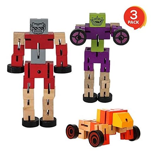 ArtCreativity Wooden Toy Robots - 3 Pack - Adorable Action Figures, Toy Cars in Assorted Colors for Boys and Girls - Develop Cognitive and Motor Skills - Fun Gift and Birthday Party Favors for Kids