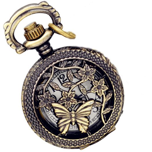 Lancardo Antique Brass Tone Butterfly Hollow Skeleton Case Military Time Fob Pocket Watch with Chain for Women