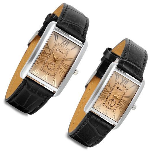 Lancardo Romantic Couple Watch Set Square Watches for Men and Women 2 Pcs Retro Vintage Silver Tone Case Black Leather Wristwatch for Valentine's Day