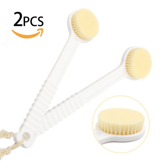 Nylon Bristle Bath Body Brush with 14.2 Long Handle. White (2-pack)