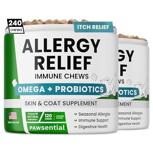 Allergy Relief Dog Chews (240 Immune Treats) - Omega 3 + Colostrum + Probiotics - Itchy Skin Relief - Seasonal Allergies - Anti-Itch & Hot Spots - Immune Supplement - Made in USA