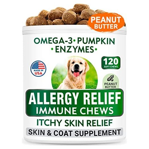 BARK&SPARK Allergy Relief Dog Treats - Omega 3 + Pumpkin + Enzymes - Itchy Skin Relief - Seasonal Allergies - Anti-Itch & Hot Spots - Immune Supplement - Made in USA - Peanut Butter Flavor Chews