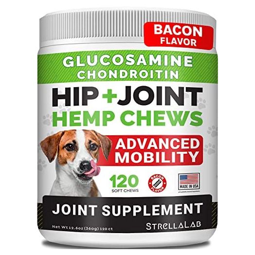 STRELLALAB Hemp Treats - Glucosamine Dog Joint Supplement + Omega 3 - w/Hemp Oil - Chondroitin, MSM - Advanced Mobility Chews - Joint Pain Relief - Hip & Joint Care - Chicken Flavor - Made in USA