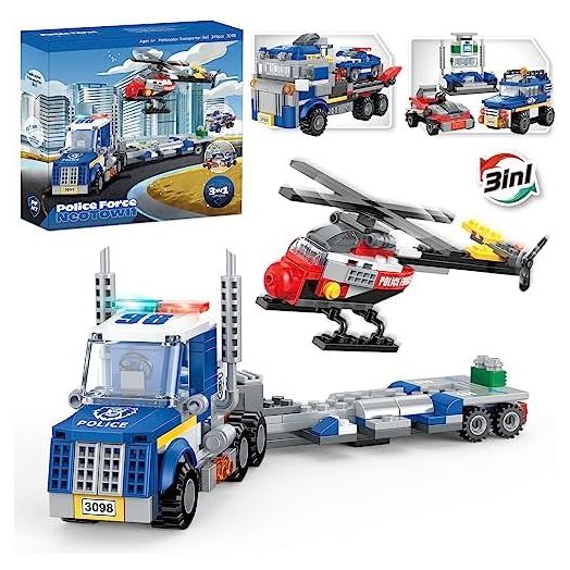 3in1 City Police Building Set, Police Car Transporter Building Toys, Police Truck with Trailer & Rescue Helicopter, Police Chase Building Kit, Gift for Boys Kids Aged 6-12, 249 PCS