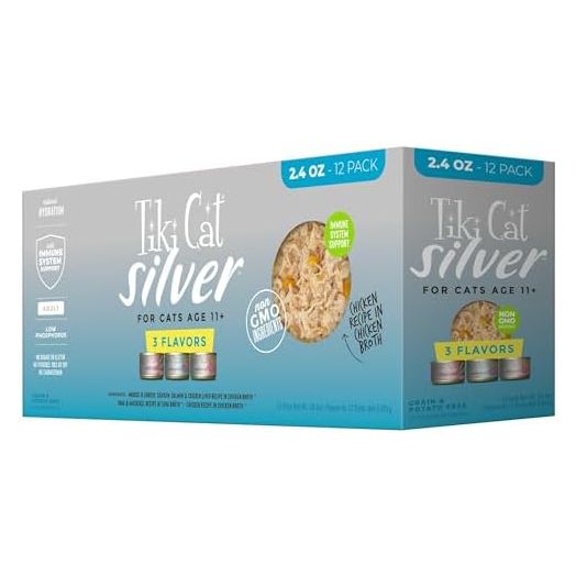 Tiki Cat Silver Variety Pack, Immune System Support Formulated for Older Cats Aged 11+, Senior Wet Cat Food, 2.4 oz Cans (Pack of 12)
