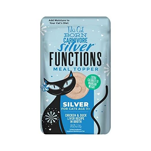Tiki Cat Born Carnivore Functions Silver, Chicken & Duck Liver Recipe in Broth, High Protein Formulated for Senior Cat Diets, Mousse Cat Food Topper for Older Cats 11+, 1.5 oz. Pouch (12 Count)