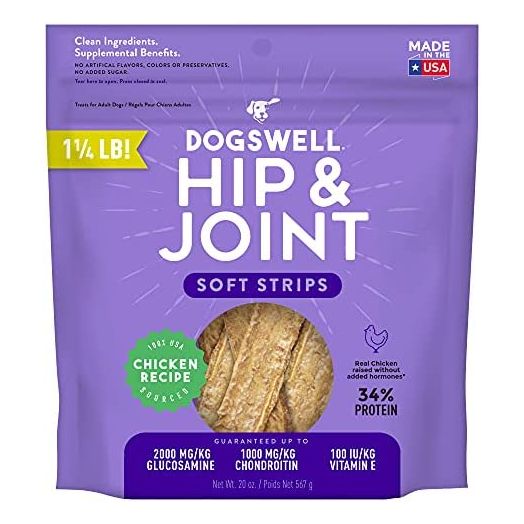 DOGSWELL Hip & Joint Dog Treats 100% Meaty, Grain Free, Glucosamine Chondroitin & Omega 3, Chicken Soft Strips 20 oz