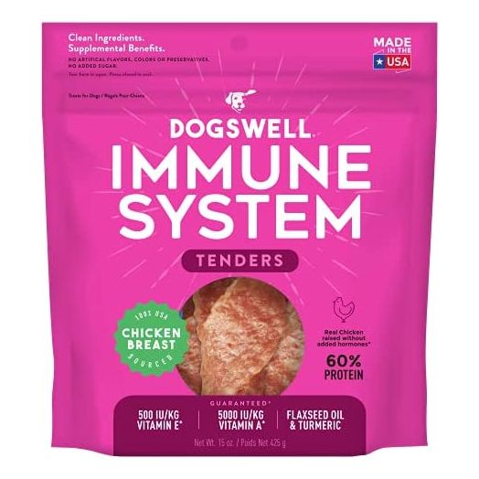 DOGSWELL Immunity & Defense, Flaxseed Oil, Turmeric, Vitamin E & A, Healthy Aging, Chicken Tenders 15 oz