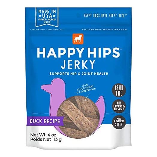 Happy Hips Duck Jerky, Grain Free Dog Treats with Glucosamine & Chondroitin, Made in USA, 4 oz