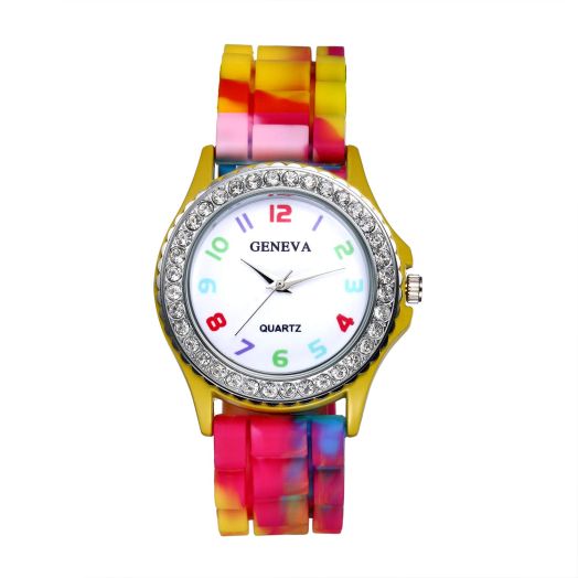 Lancardo Women's Quartz Watch Rhinestone Rainbow Color Silicon Jelly Fun Play Colorful Casual Dress Wrist Watches - Yellow
