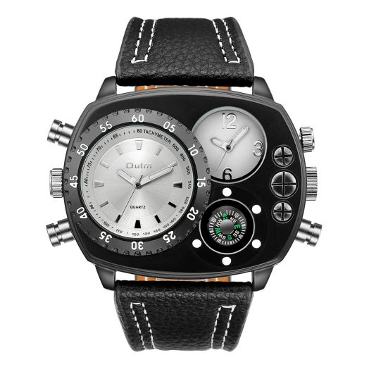 Lancardo Oversize Big Dail Watch for Men Two Time Zone Dials Leather Band Decorative Compass Round Face Wrist Watch for Sport Business