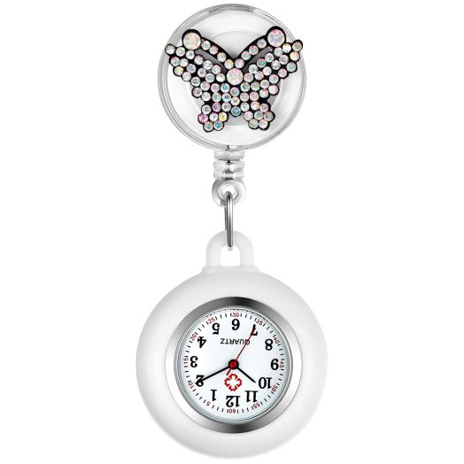Lancardo Retractable Nurse Watch Clip On Crystal Butterfly Flower Patterns Badge with Secondhand Stethoscope Lapel Fob Pocket Watch Doctor Nurse Watch Silicone Cover