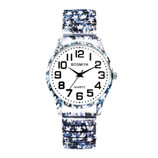 Lancardo Women Elastic Band Watch: Big Number White Dial Watch Flower Stretch Band Analog Quartz Wristwatch Easy to Read