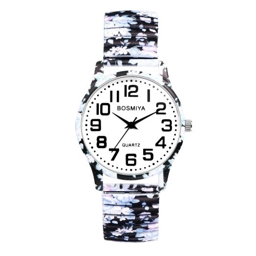 Lancardo Women Stretch Band Watch: Bohemia Flower Elastic Analog Quartz Big Number White Dial Wristwatch Easy to Read