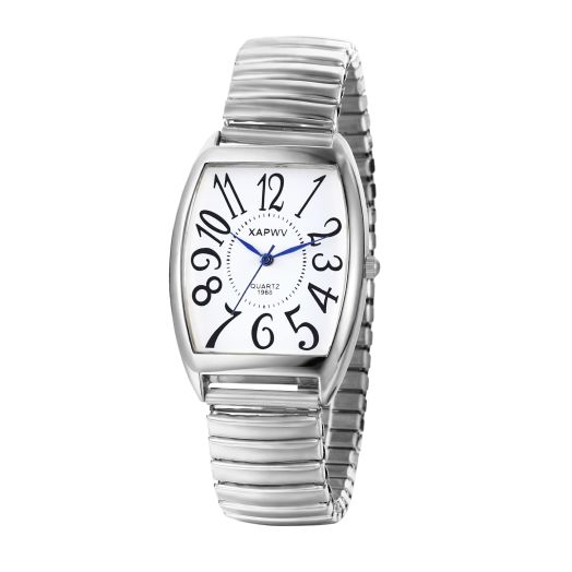 Lancardo Men's Elastic Band Watch: Stainless Steel Stretch Band Analog Quartz Rectangular Dial Easy to Read Silver Tone Wrist Watch
