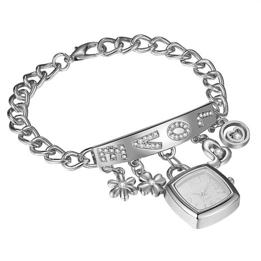 Lancardo Womens Charm Bracelet Watch: Silver Tone Chain Watch Case Premium Quartz Wristwatch Dress Party Mothers Day