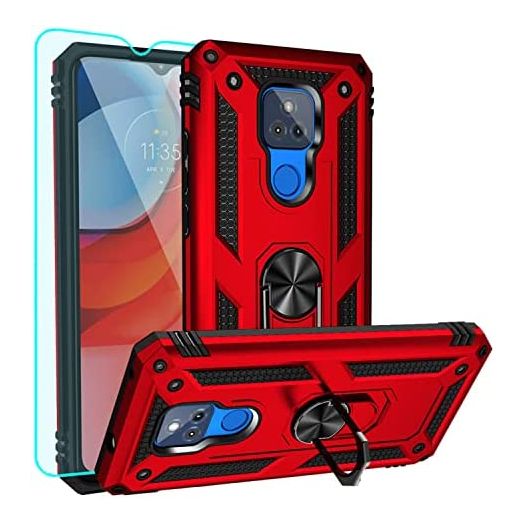 YZOK Compatible with Moto G Play Case,with HD Screen Protector,[Military Grade] Ring Car Mount Kickstand Hybrid Hard PC Soft TPU Shockproof Protective Case for Motorola Moto G Play 2021 (Red)