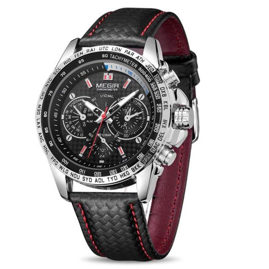 MEGIR Men Analog Luminous Casual Fashion Quartz Watch with PU Strap Big Dial Calendar for Business Work School Outdoor 1010 Black