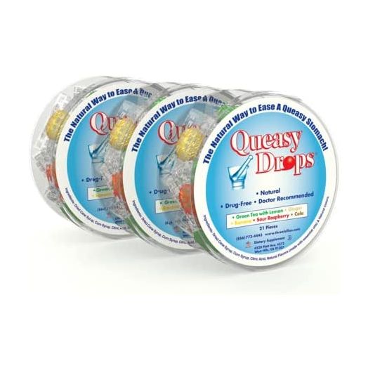 Queasy Drops | 3 Pack: 21 Drops Each | Nausea Relief (Chemo, Motion Sickness, Hangover etc.) | Drug Free & Gluten Free | Five Flavors: Green Tea with Lemon, Ginger, Raspberry, Banana & Cola 21 Count