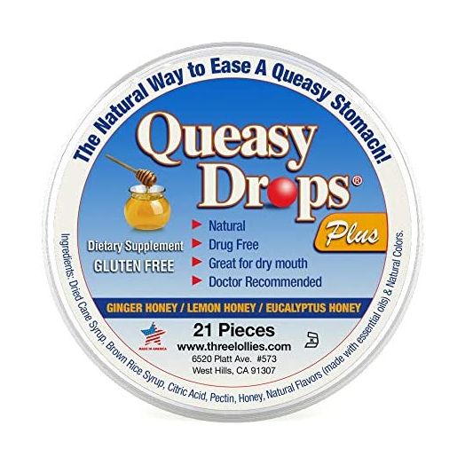 Queasy Drops Plus Honey & Pectin | 21 Drops | Nausea Relief (Chemo, Motion Sickness, Hangover etc.) | Drug Free & Gluten Free | 3 Flavors: Ginger Honey, Lemon Honey & Eucalyptus Honey