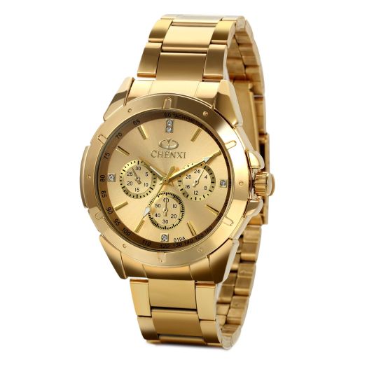 JewelryWe Mens Wrist Watches Gold Stainless Steel Analog Display Dial with Rhinestones Gold Watches, for Xmas