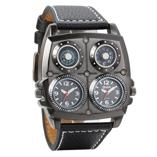 Avaner Mens Punk Watch, Unique Big Face Dual Time Zone Wristwatch, Analog Quartz Leather Strap Sport Watches with Decorative Compass and Thermometer Dial