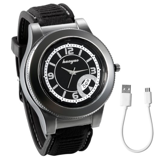 JewelryWe Novelty Quartz Wrist Watch with USB Electronic Rechargeable Windproof Lighter for Watch Men (Black)