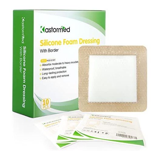 Silicone Adhesive Foam Dressing with Gentle Border 4''x4'' 10 Pack, High Absorbency Foam Wound Bandage for Bed Sore, Leg Ulcer, Diabetic Ulcer