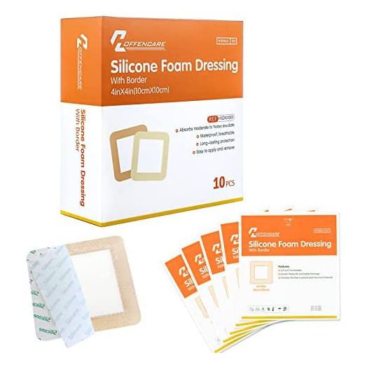 Silicone Foam Dressing, Bordered Silicone Adhesive Foam Bandage, High Absorbency Wound Care Products for Pressure Ulcer, Bedsore Wound, and Diabetic Ulcer, 4'' X 4'', 10 Pack