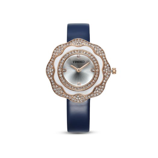 Women Leather Band Wrist Watch, Plum-Shaped Pearl Bezel Diamond-Set Waterproof Quartz Watch (Blue)