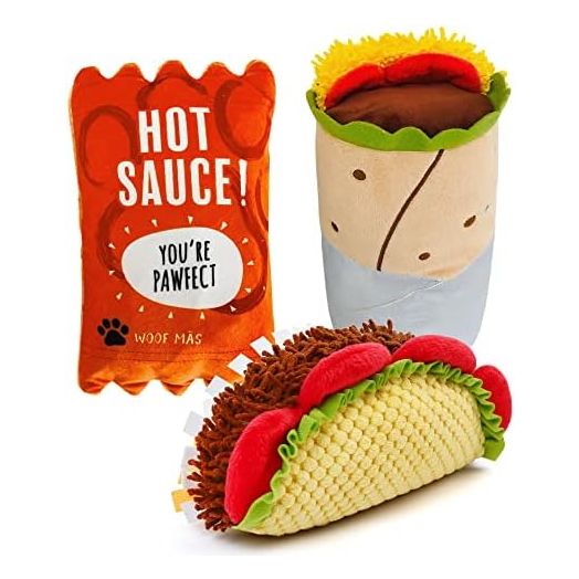 PrimePets Funny Dog Toys Set, 3 Pack, Plush Dog Squeaky Crinkle Toys, Food Dog Toy, Stuffed Puppy Chew Toys for Small Medium Large Dogs (Burritto, Taco, Sauce Packet)
