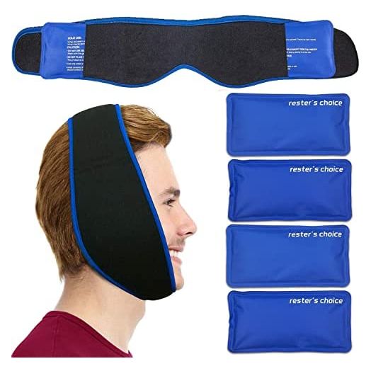 Face Ice Pack - Easy to Use as Wisdom Teeth Ice Pack, TMJ Relief Products, Jaw Pain – Hot & Cold Therapy for Chin, Headaches, Post Surgery Treatment - Adjustable Face Wrap Includes 4 Gel Packs