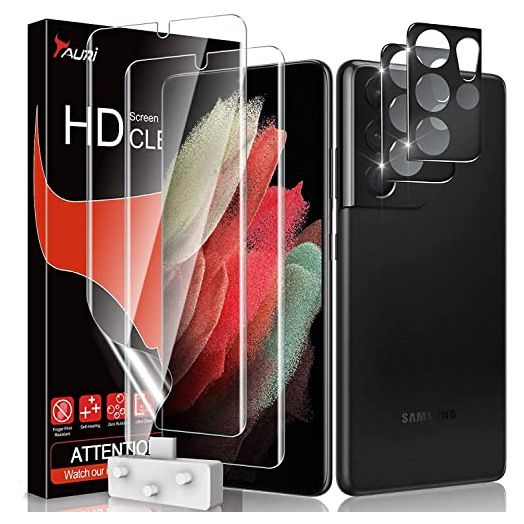 TAURI [2+2 Pack Designed for Samsung Galaxy S21 Ultra 5G 6.8 - inch, 2 Pack Flexible TPU Screen Protector + 2 Pack Camera Lens Protector Support Fingerprint Unlock Easy Installation Bubble Free