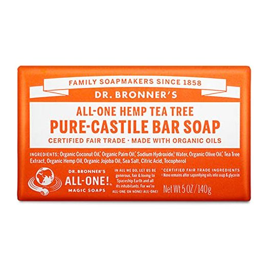 Dr. Bronner’s - Pure-Castile Bar Soap (Tea Tree, 5 ounce) - Made with Organic Oils, For Face, Body, Hair and Dandruff, Gentle on Acne-Prone Skin, Biodegradable, Vegan, Non-GMO