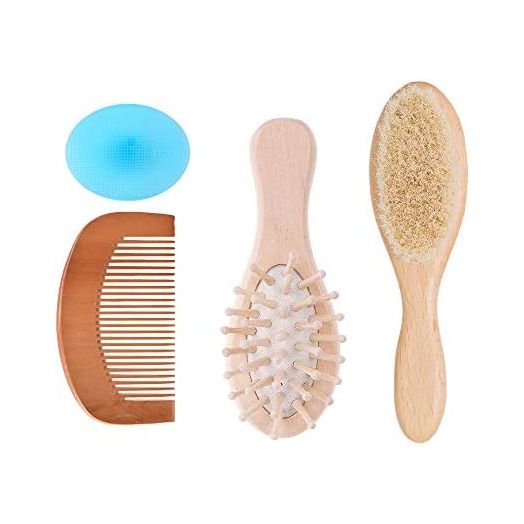 4 Piece Baby Hair Brush Set, Natural Soft Goat Bristles, Prevents & Treats Cradle Cap, Wooden Comb, Baby Brush for Massage, Perfect Baby Registry Gift