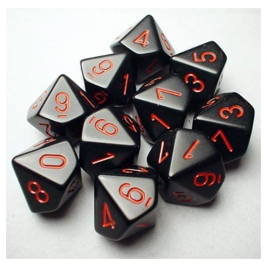 Chessex Dice Sets: Opaque Black with Red, Ten Sided Die d10 Set (10) (26218)