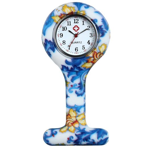 Nurse Watch for Women Pin-on Brooch Medical Badge Doctors Lapel Hanging Blue Flower Silicone Cover Fob Pocket Watch