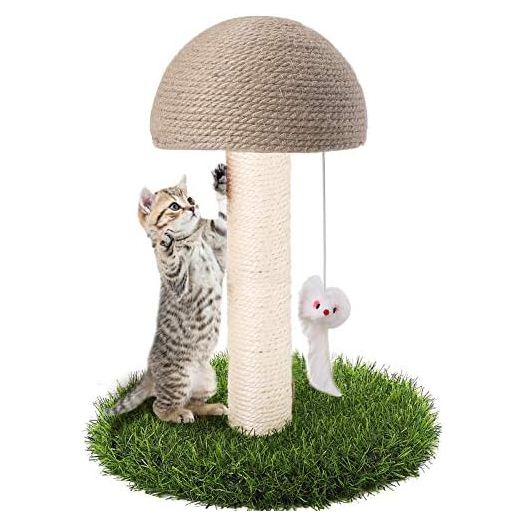 Cat Scratching Post, Mushroom Claw Scratching Post for Kitty, Natural Sisal Cat Scratchers Pole with Hanging Mouse Cat Interactive Toys