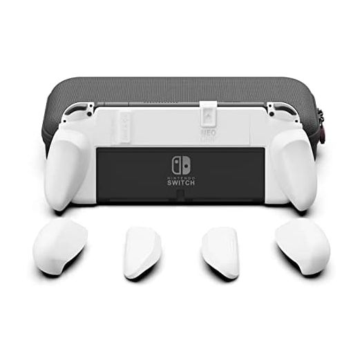 Skull & Co. NeoGrip Bundle: an Ergonomic Grip Hard Shell with Replaceable Grips [to fit All Hands Sizes] for Nintendo Switch OLED and Regular Model [with Carrying Case] - White