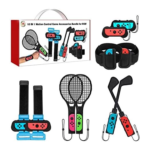 Nargos Switch Games Sports Accessories Bundle -10 in 1 Kit for Switch & Switch OLED: Joy Con Grips for Mario Golf Super Rush, Wrist Dance Bands & Leg Straps, Comfortable Grip Case and Tennis Rackets
