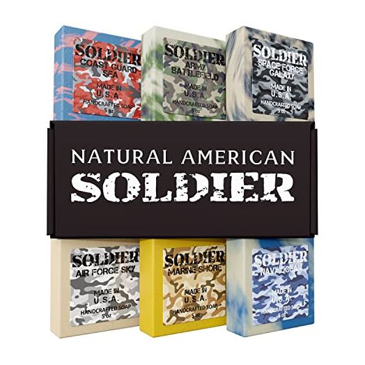 NATURAL AMERICAN SOLDIER Men’s Bar Soap – 100% All Natural, Masculine Scents, Essential Oils, Organic Shea Butter, No Harmful Chemicals – (6pk) Natural Soap Bars for Men - Made in USA - Man Soap, 5 oz
