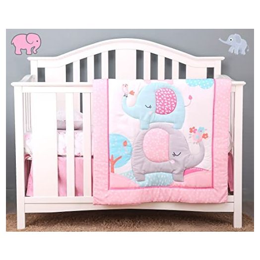 Baby Bees 4 Pieces Baby Elephant Crib Bedding Sets for Boys and Girls | Baby Bedding Set of Crib Fitted Sheet, Quilt, Dust Ruffle & Pillow Cover for Standard Size Crib, Pink (CBS-BABY-ELEPHANT)