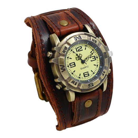 Ibohevo Gothic Punk Leather Watch: Men Dark Brown Vintage Steampunk Halloween Quartz Analog Bracelet Watches Retro Hip-hop Waterproof Cuff Wristwatch
