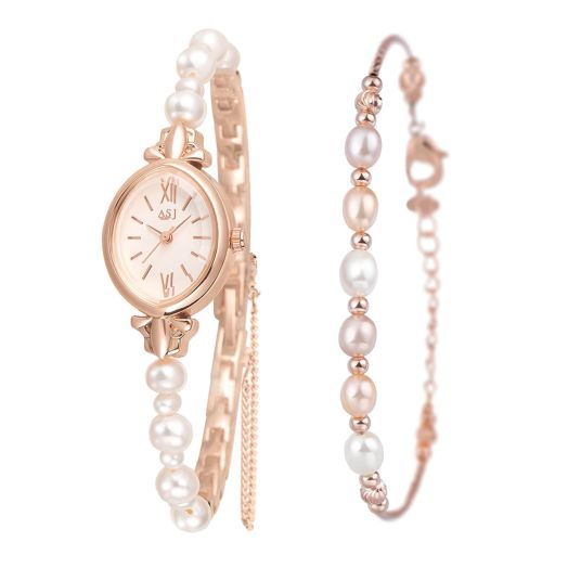 Pearl Bracelet Cuff Watches: Women Rose Gold Waterproof Diamond Dress Analog Watch Oval Pearls Bangle Watch Bracelets Set Gift