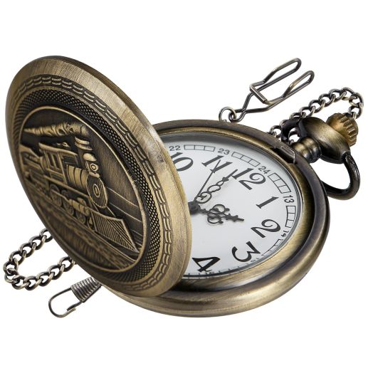 Realpoo Quartz Pocket Watch for Men, Bronze, Analog Display, Arabic Numerals, Stainless Steel Band, 12-hour Time, Includes Chain
