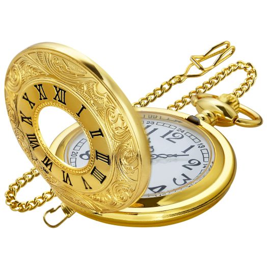 Gold Hollowed Out Roman Covered Quartz Pocket Watch for Men, Arabic Numerals White Dial Pocket Watches for Men, Men's Quartz Pocket Watch with Chain -Gold