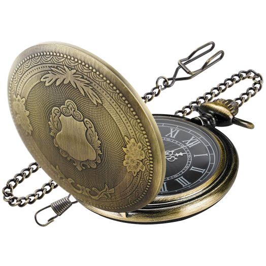 Bronze Smooth Cover Roman Men's Quartz Pocket Watch, Black Roman Digital Dial with Chain