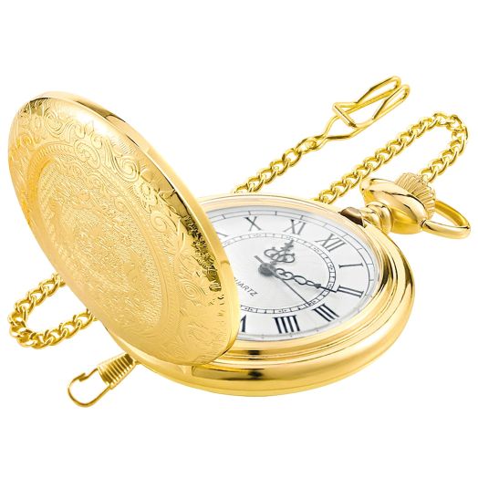 Gold Large Decorative Flower Pattern Pocket Watch White Roman Numeral Scale Quartz Pocket Watches for Men with Chain