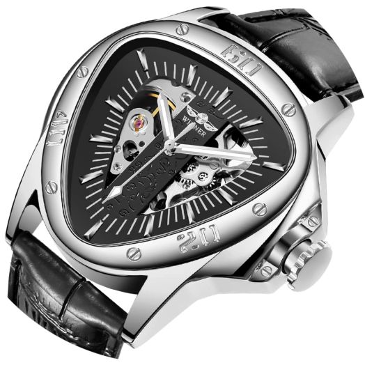 BOSNI Fashion Mens Mechanical Wrist Watch Triangle Racing Sport Black Skeleton Dial Automatic Watch for Men (996), W996-Silver Black