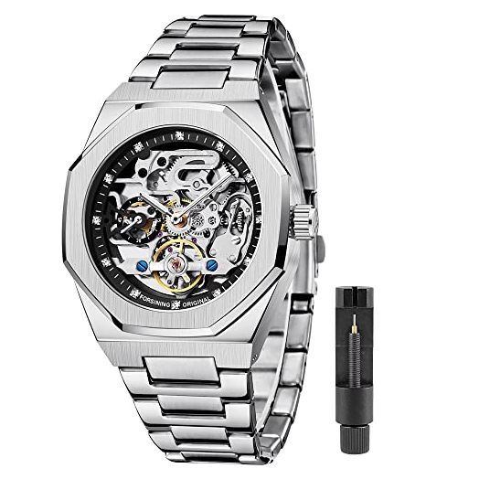 Fashion Silver Mens Watches Top Brand Luxury Automatic Mechanical Stainless Steel Fashion Business Skeleton Wristwatch